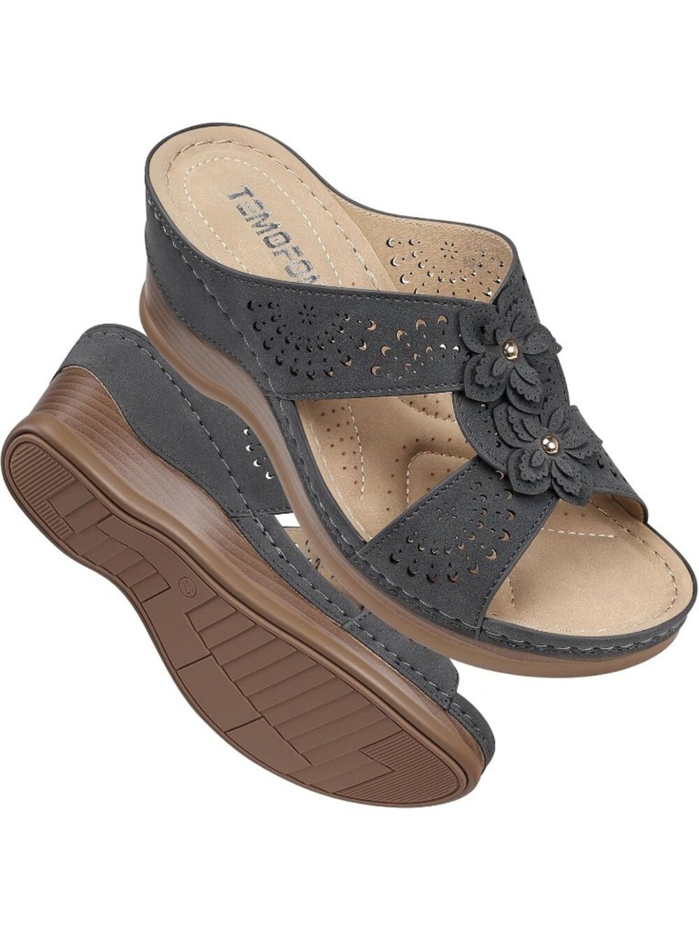 Women's Gray Wedge Sandals Leather Comfortable Walking Fit Wide Foot Shoes